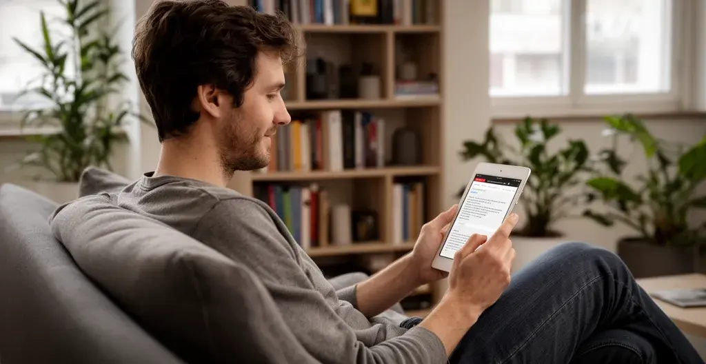 Europäische Person nutzt Tablet für Immobilienrecherche im Wohnzimmer (Online-Immobilienbewertung)