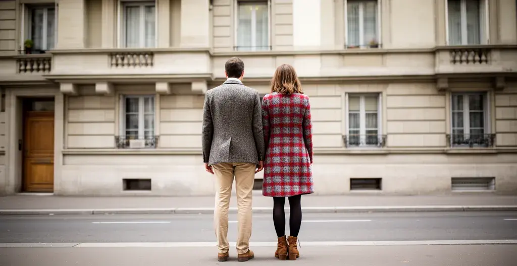 Europäisches Paar von hinten betrachtet Schweizer Mehrfamilienhaus (Immobilienkauf Schweiz)