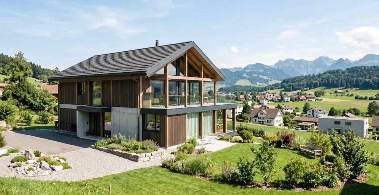 Zeitgenössisches Einfamilienhaus mit klaren Linien und gepflegtem Garten in einer typischen Schweizer Wohngegend bei Tageslicht