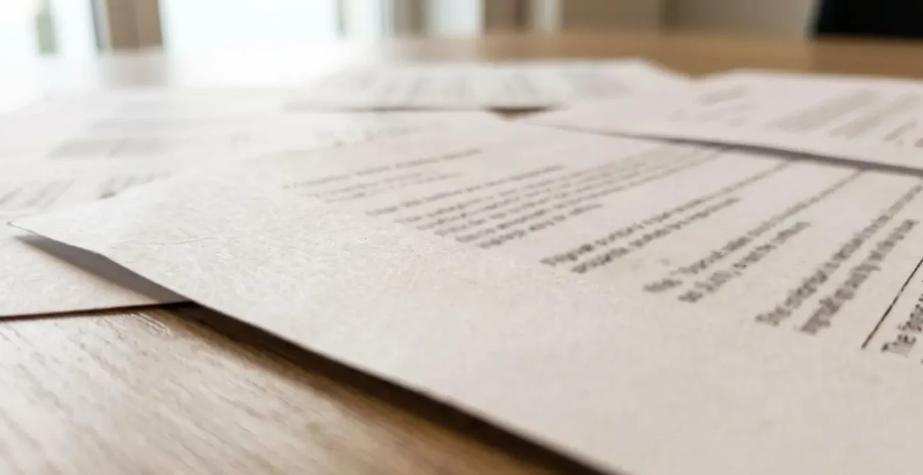 Nahaufnahme von Immobiliendokumenten auf einem modernen Schreibtisch, Text unscharf