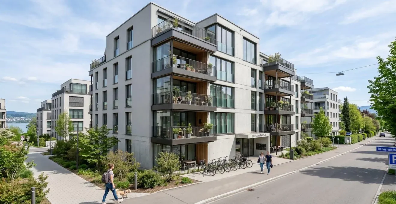 Moderne Wohnanlage mit zeitgenössischer Architektur in Zürich unter blauem Himmel