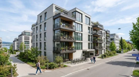Moderne Wohnanlage mit zeitgenössischer Architektur in Zürich unter blauem Himmel