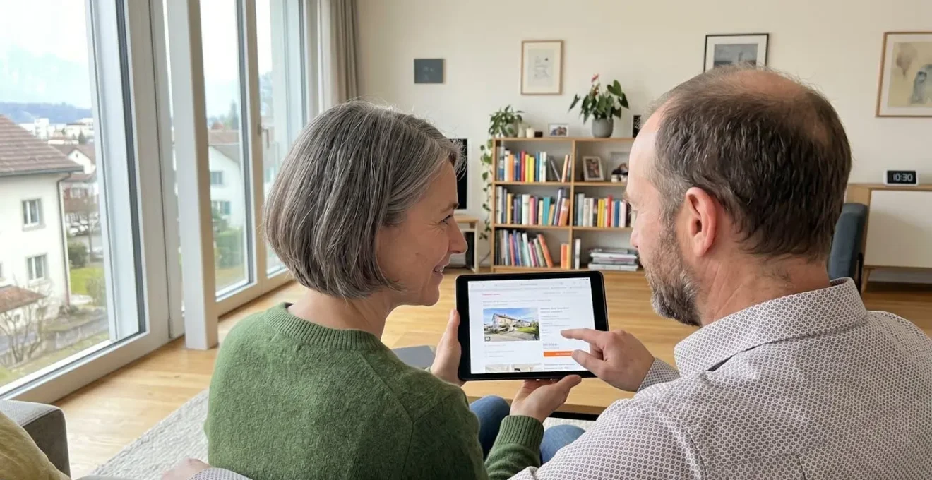 Ein Paar mittleren Alters betrachtet gemeinsam ein Tablet in einem hellen, modernen Wohnzimmer