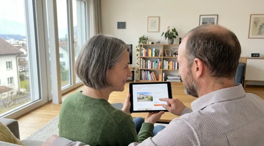 Ein Paar mittleren Alters betrachtet gemeinsam ein Tablet in einem hellen, modernen Wohnzimmer