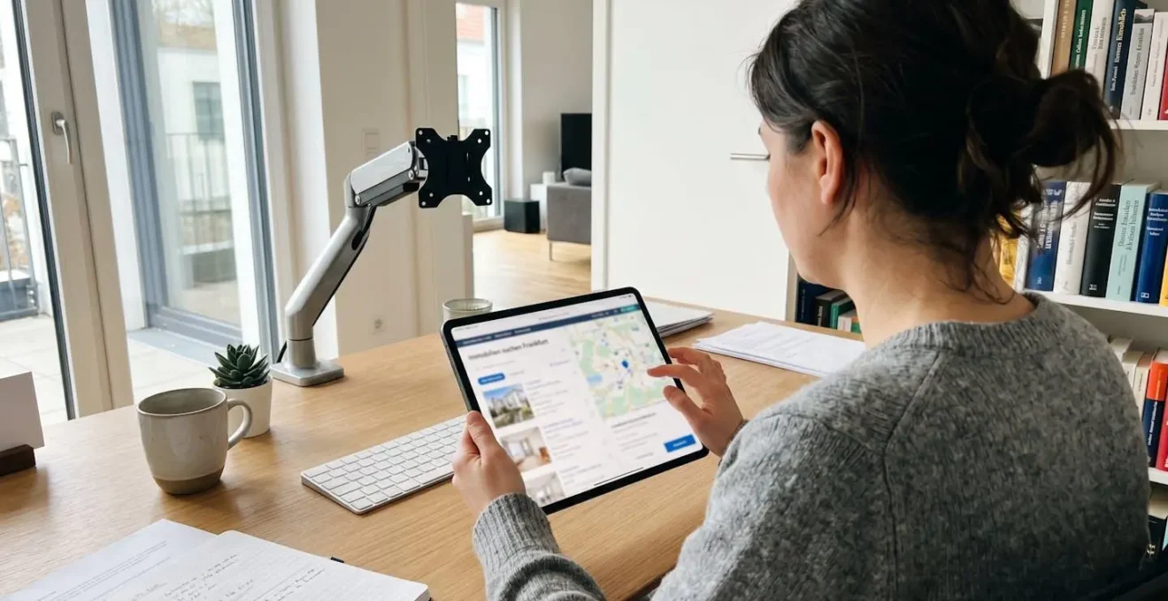 Person von hinten an einem Schreibtisch, die auf einem Tablet recherchiert, Bildschirm leicht unscharf